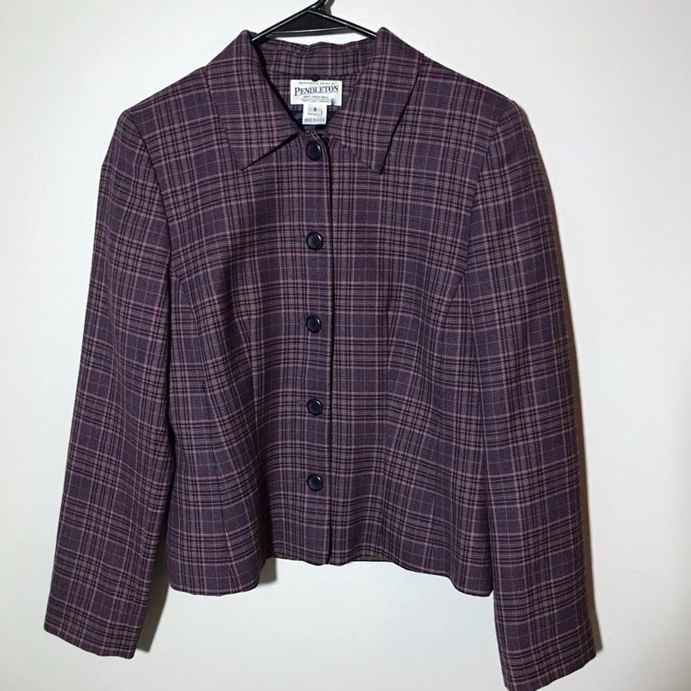 Pendleton virgin wool purple plaid womens 6 cropped full button blazer academia